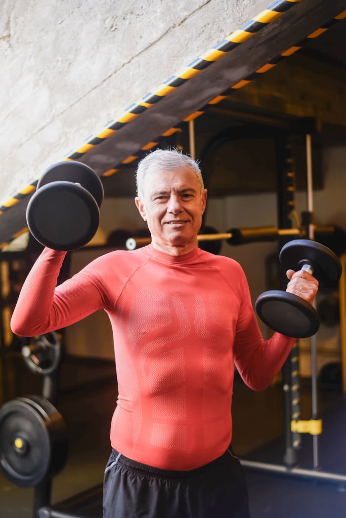 services-02 Elderly man lifting dumbbells in gym, showcasing healthy lifestyle and positive aging.
